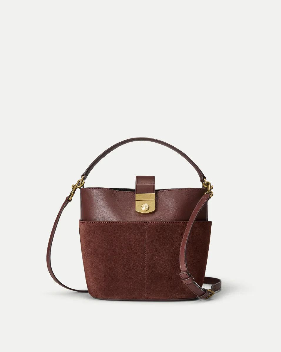 Small Crest Lock Suede Bucket Bag
