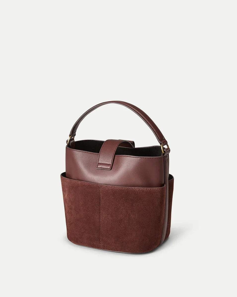 Small Crest Lock Suede Bucket Bag
