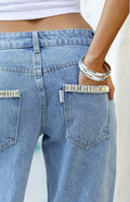 Kavira Light Wash Denim Diamante Trim Low Rise Jeans