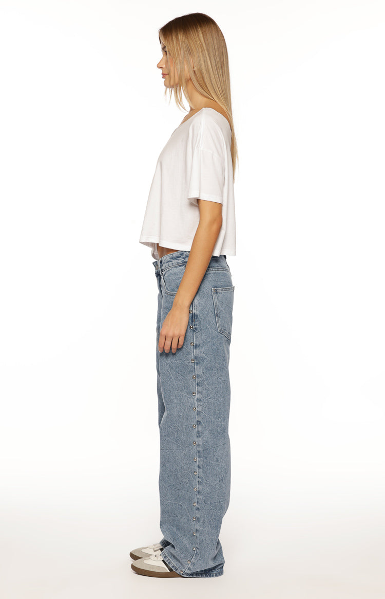 Charli Mid Wash Denim Studded Low Waist Baggy Leg Jeans