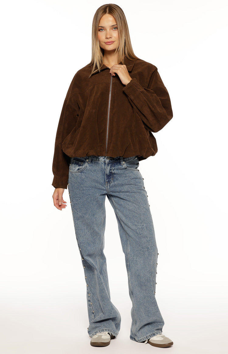 Charli Mid Wash Denim Studded Low Waist Baggy Leg Jeans