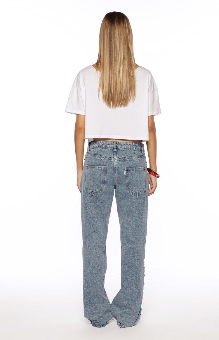 Charli Mid Wash Denim Studded Low Waist Baggy Leg Jeans