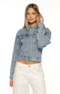 Elana Mid Wash Cinched Waist Denim Jacket