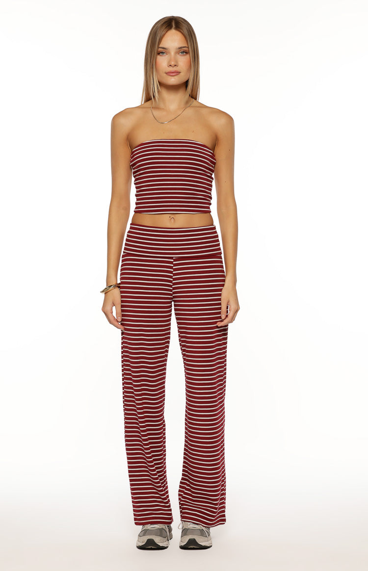Pippen Burgundy Stripe Foldover Wide Leg Pants