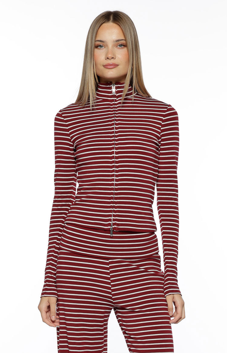Poppi Burgundy Stripe Double Zip Sweater